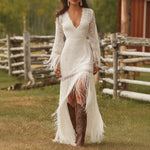 Lace Fringe-Tier Boho Maxi Dress - white