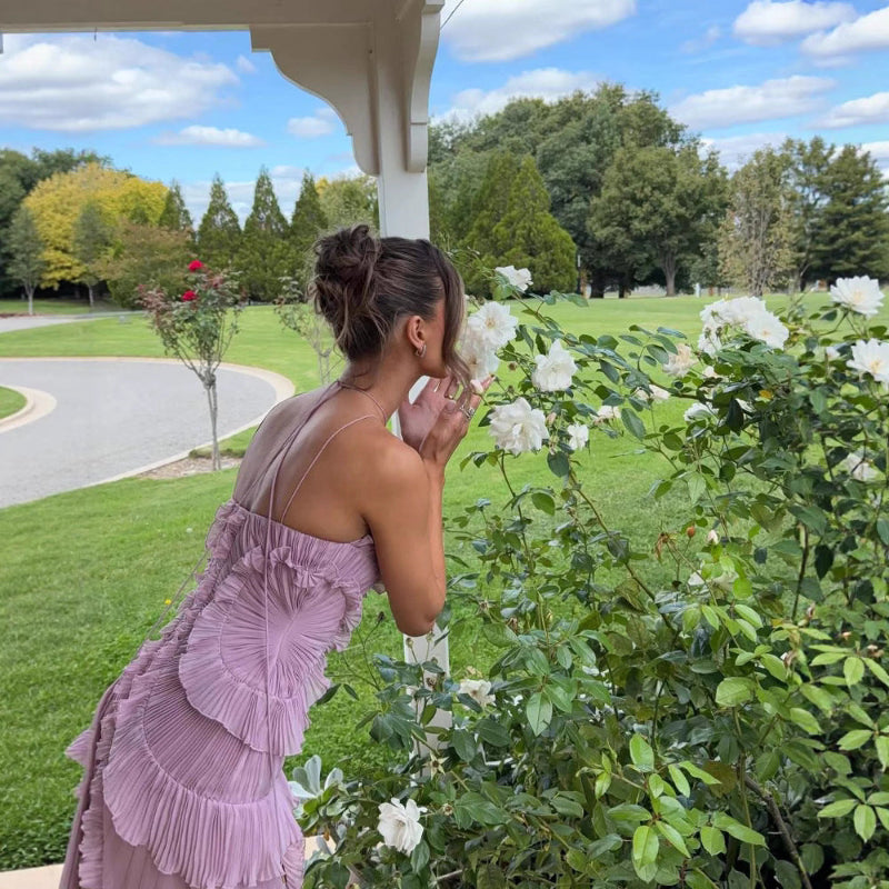 Ruffled Pleated Halterneck Midi Dress - Light Purple