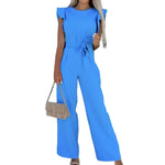 Ruffle Sleeve Belted Wide-Leg Jumpsuit - light blue