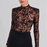 Black See-through Lace Long-sleeved Trousers Jumpsuit