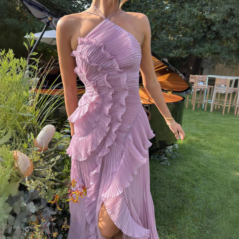 Ruffled Pleated Halterneck Midi Dress - Pink