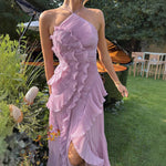 Ruffled Pleated Halterneck Midi Dress - Pink
