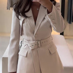 Elegant Solid Color Belted Blazer & High Waist Pants Set - beige