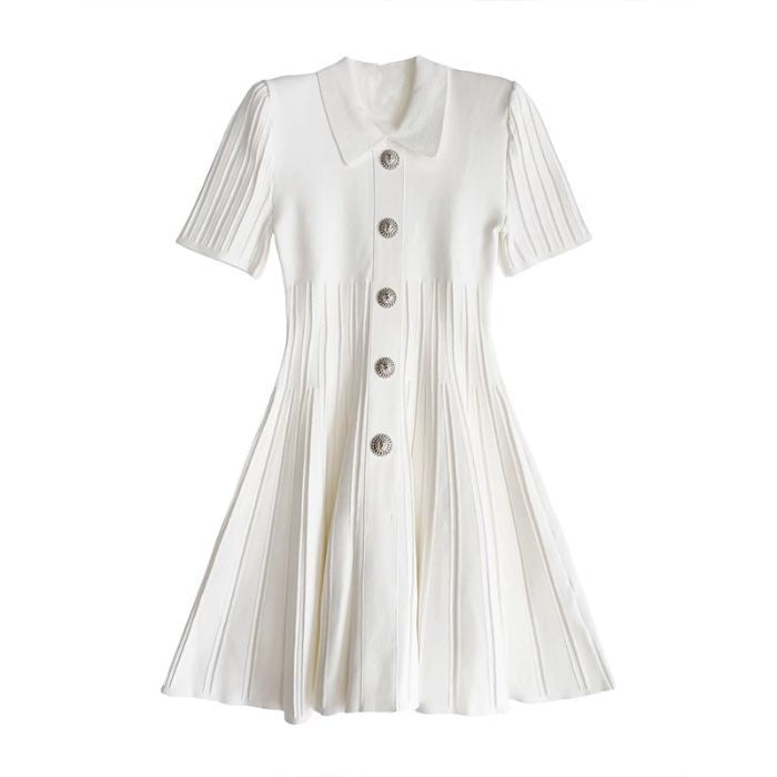 Polo-neck Knitted Dress - white