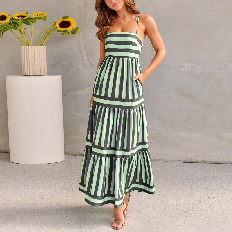 Striped Printed Suspender Long Midi Dress - green and black