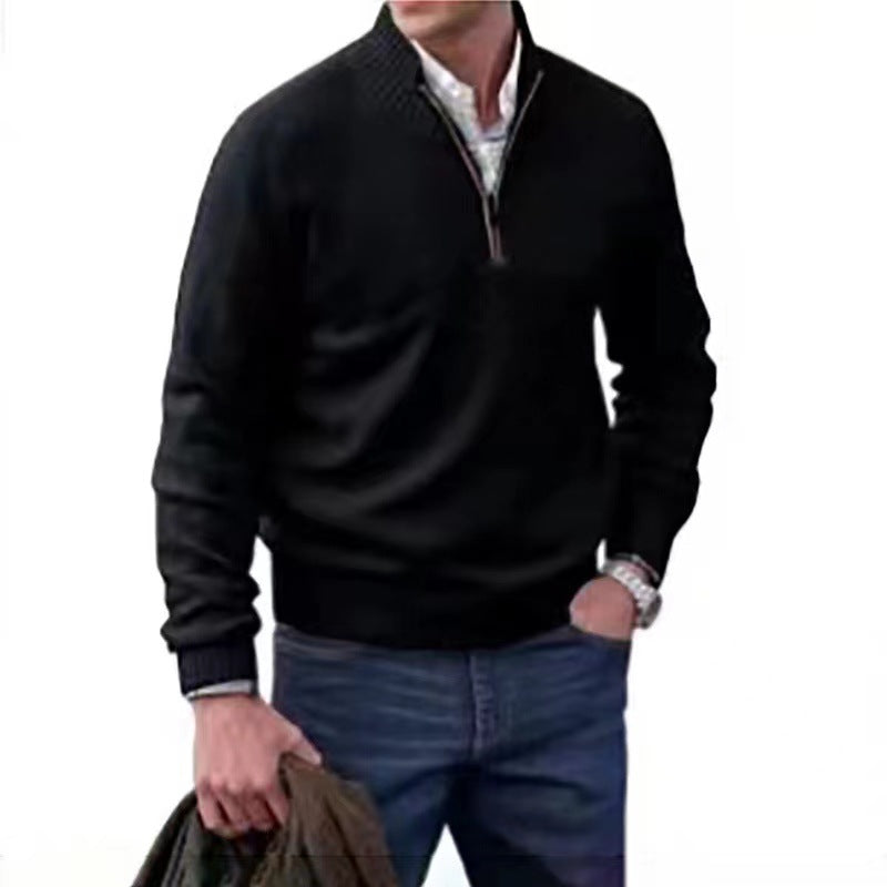 Zipper Stand Collar Knitted Sweater - black