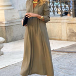 Elegant Long-Sleeved Midi Shirt Dress - olive green