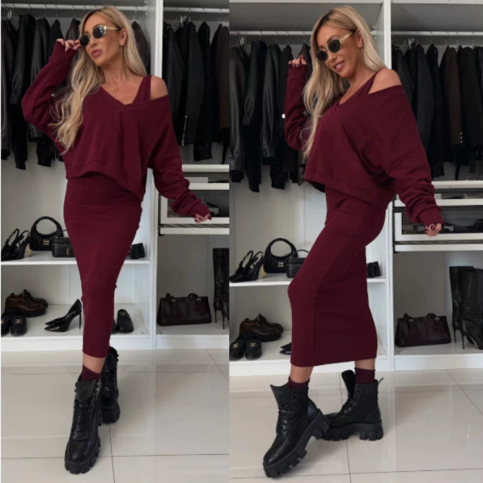 V-neck Pullover Sweatshirt And Sleeveless Dress Set - maroon
