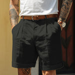 Pleated Linen Shorts with Turn-Up Hem - black