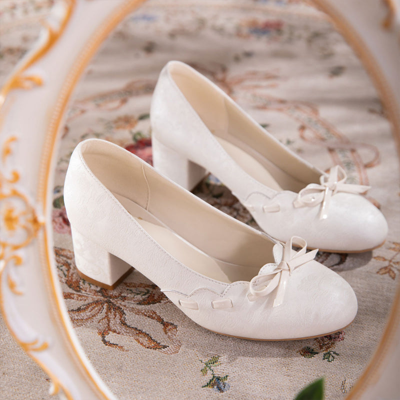 Gentle Satin Bow Block Heel Pumps - white