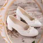 Gentle Satin Bow Block Heel Pumps - white