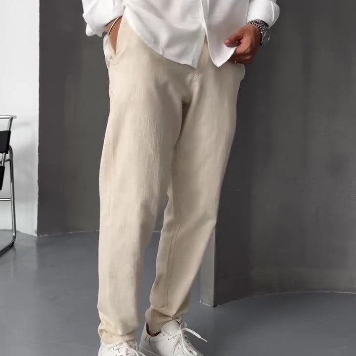 Beige Linen Straight-leg Pants