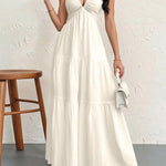 Backless Halterneck V-Neck Pleated A- Line Midi Dress - white