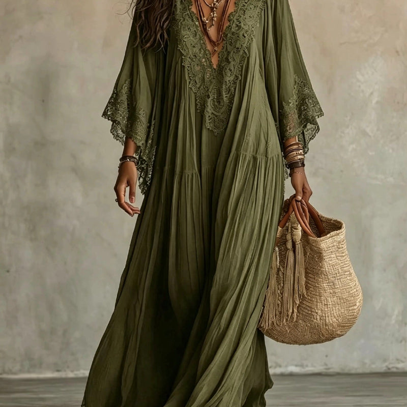 Lace-Trim V-Neck Flared-Sleeve Boho Maxi Dress - army green