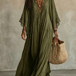 Lace-Trim V-Neck Flared-Sleeve Boho Maxi Dress - army green