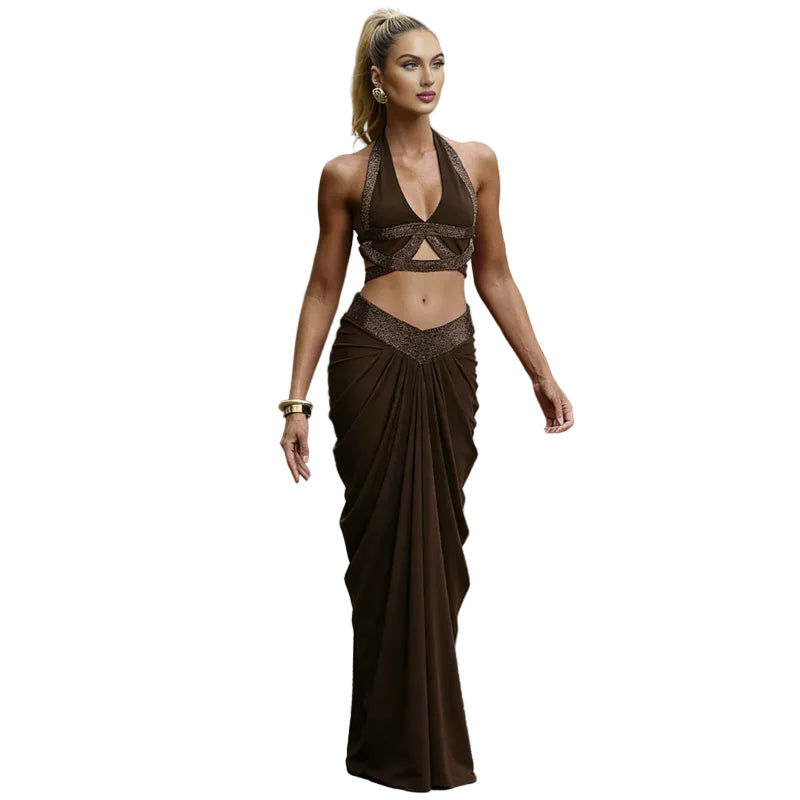 Coffee Halter Cut-Out Top & Maxi Skirt Set