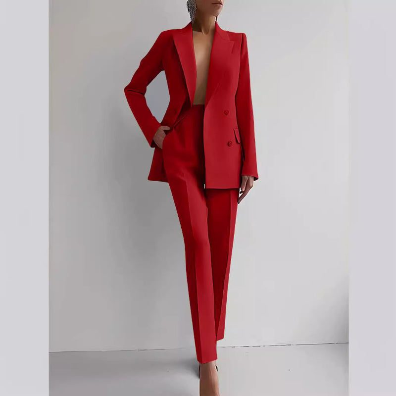 Single-breasted Jacket Top And Slim Fit Trousers Suit - red