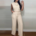 Round Neck Vest Top And Pocket Straight Pants Set - apricot