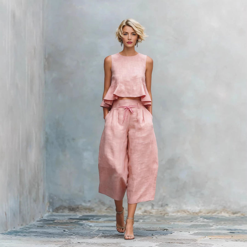 Round Neck Sleeveless Top And Loose Wide-leg Pants - pink