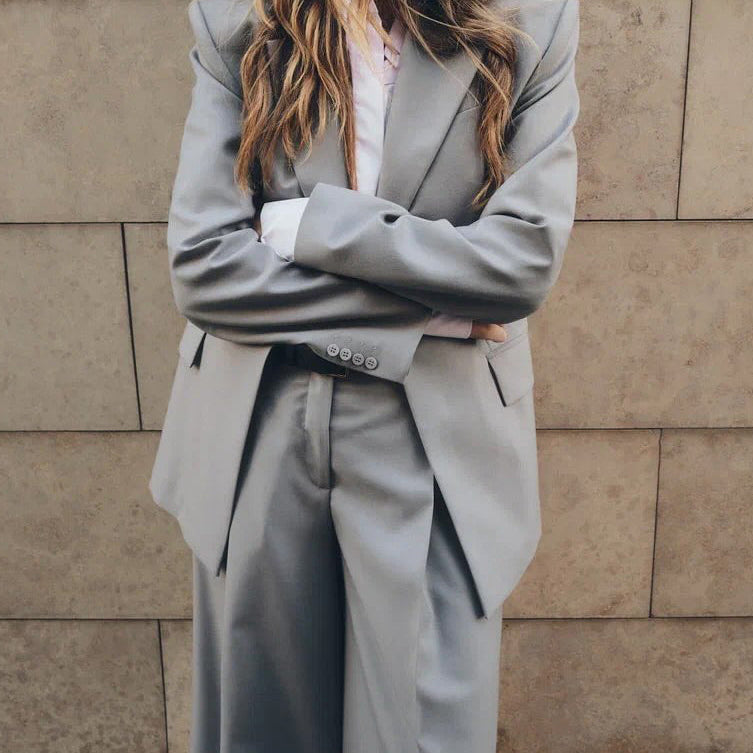 Grey Single-button Blazer & Wide-leg Pants Suit