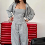 Grey Three-Piece Set With Hooded Jacket, Corset Top And Wide-Leg Pants
