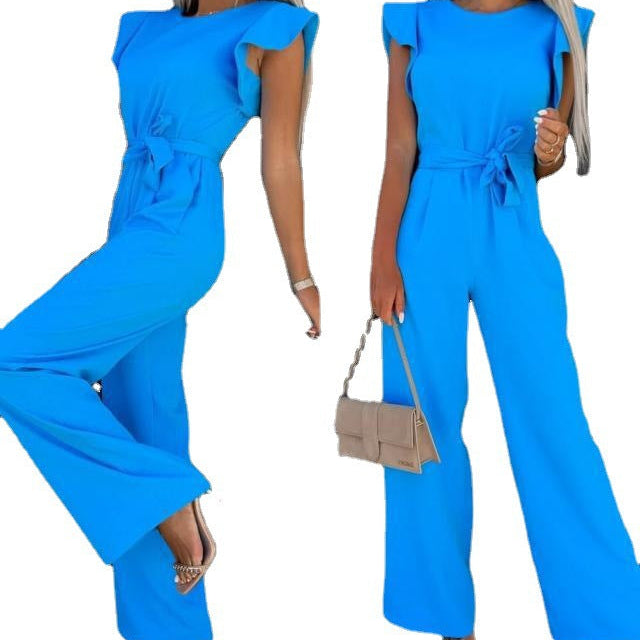 Ruffle Sleeve Belted Wide-Leg Jumpsuit - blue