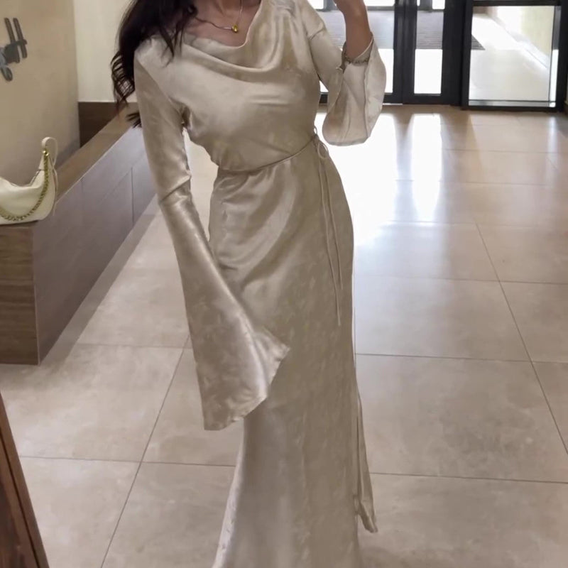 Swing Collar Long Sleeve Jacquard Maxi Dress