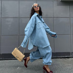Light Blue Denim Oversized Shirt And Baggy Pants Set