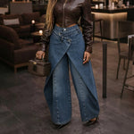 Retro High-waisted Cross-over Metal Buckle Irregular Wide-leg Pants - blue