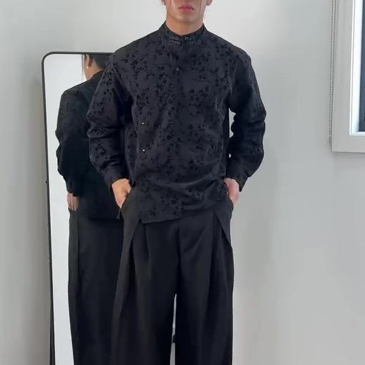 Black Jacquard Mandarin Collar Top With Asymmetric Button Placket