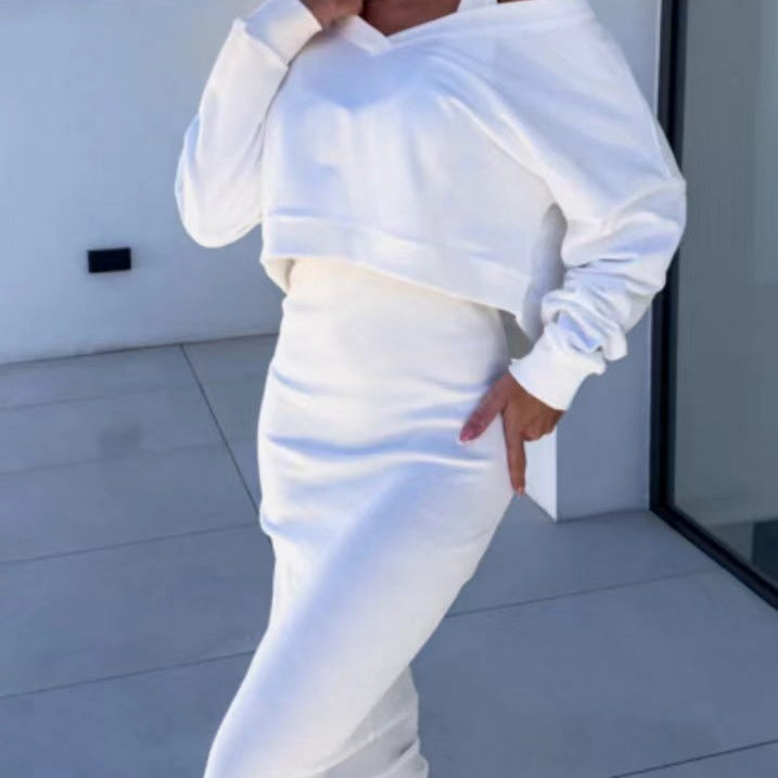 V-neck Pullover Sweatshirt And Sleeveless Dress Set - white