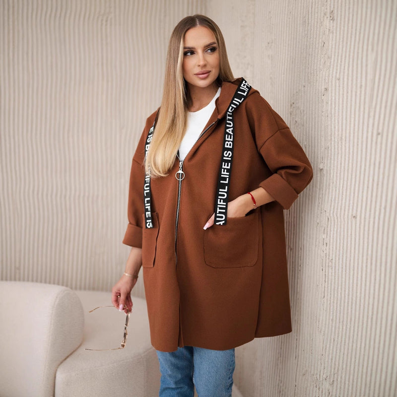 Large Size Long Sleeve Zipper Woolen Coat - brown