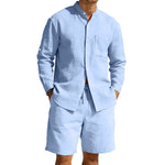 Casual Linen Shirt And Shorts Set - light blue