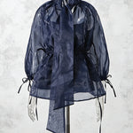 Navy Blue Glossy Organza Self-Tie Bow Neck Balloon-Sleeve Cinched-Waist Asymmetric Blouse