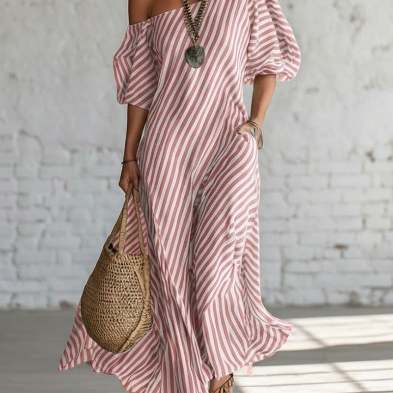 Striped Print Short-Sleeved Maxi Dress - red