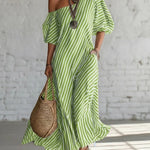 Striped Print Short-Sleeved Maxi Dress - green