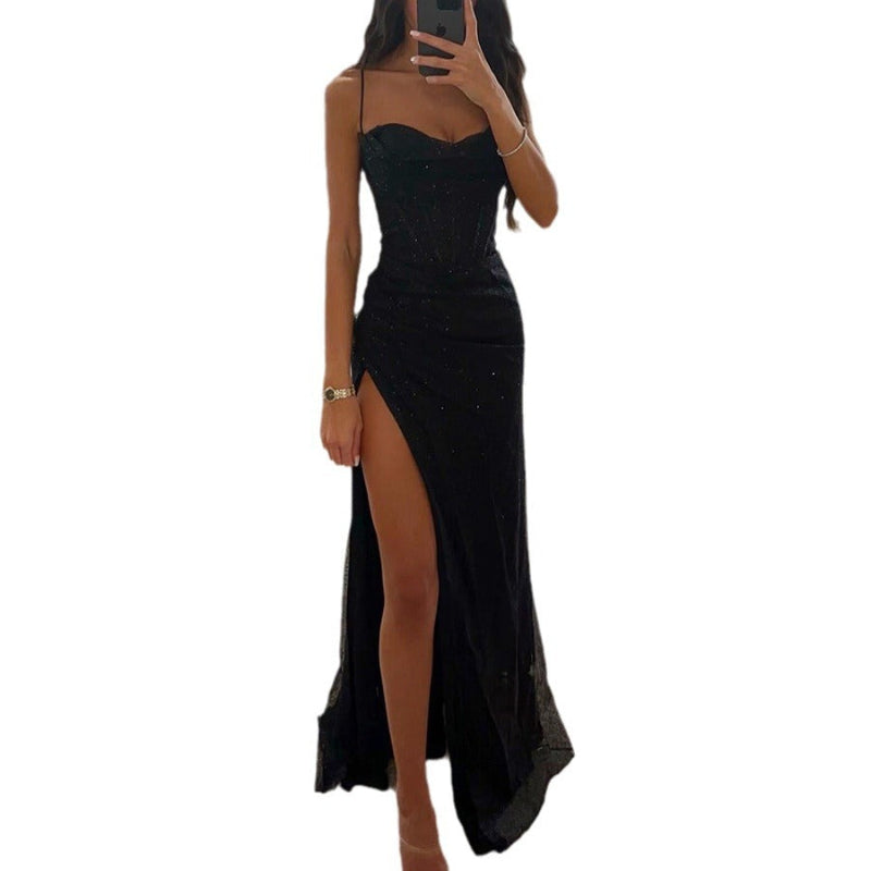 Split Suspender V-neck Maxi Dresses - black