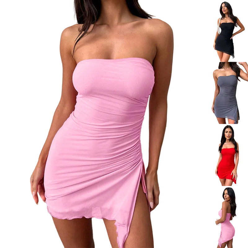 Ruched Strapless Bodycon Mini Dress with Side Split