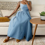 V-neck Suspender Split Midi Dress - blue