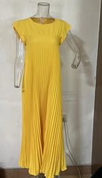Short Sleeve Pleated Midi Dress - yellow