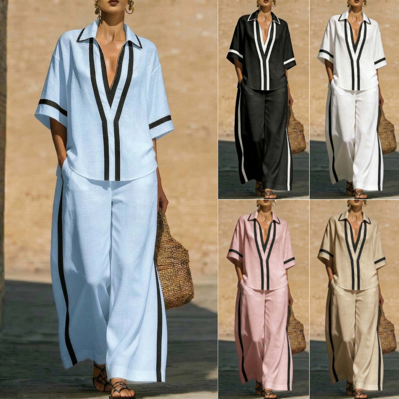 Short Sleeve Top And Wide Leg Pants Two Piece Set