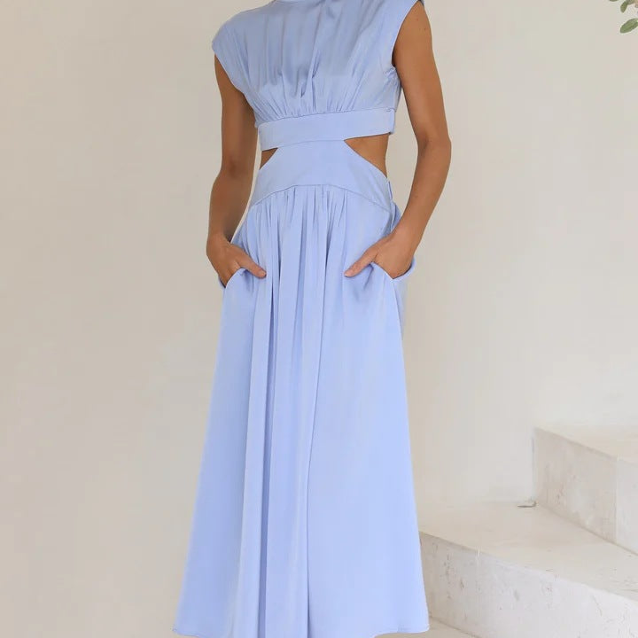 High Neck Side Cut-Out Pleated Midi Dress - blue