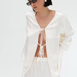 Cream Satin Tie-Front Top And Wide-Leg Pants Set