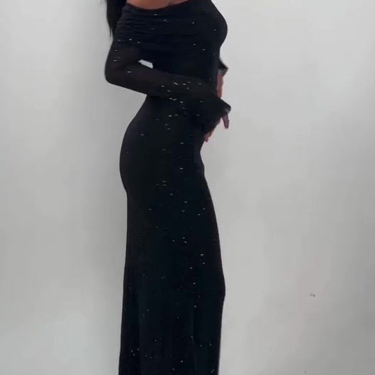 Off-Shoulder Maxi Dress With Glitter Detail And Mesh Sleeves