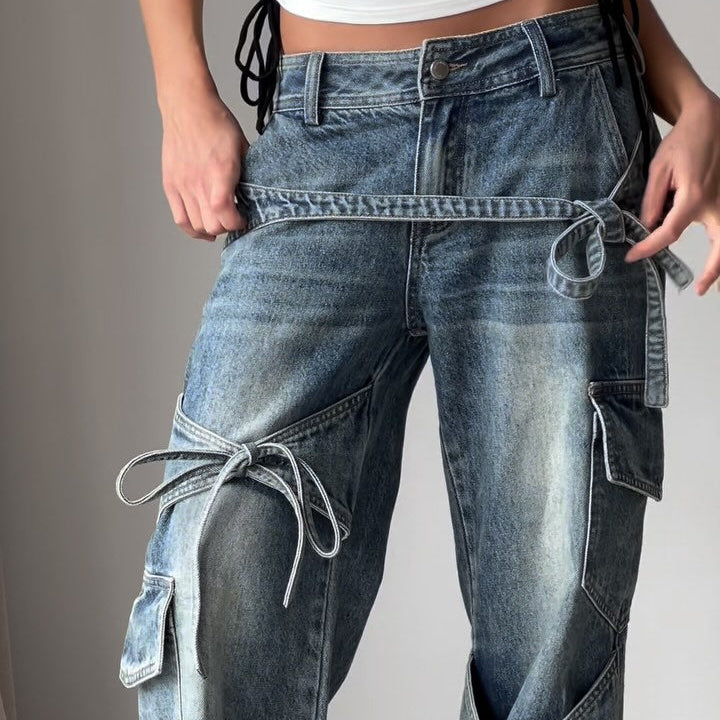 Denim Utility Jeans With Knot - Tied Elements