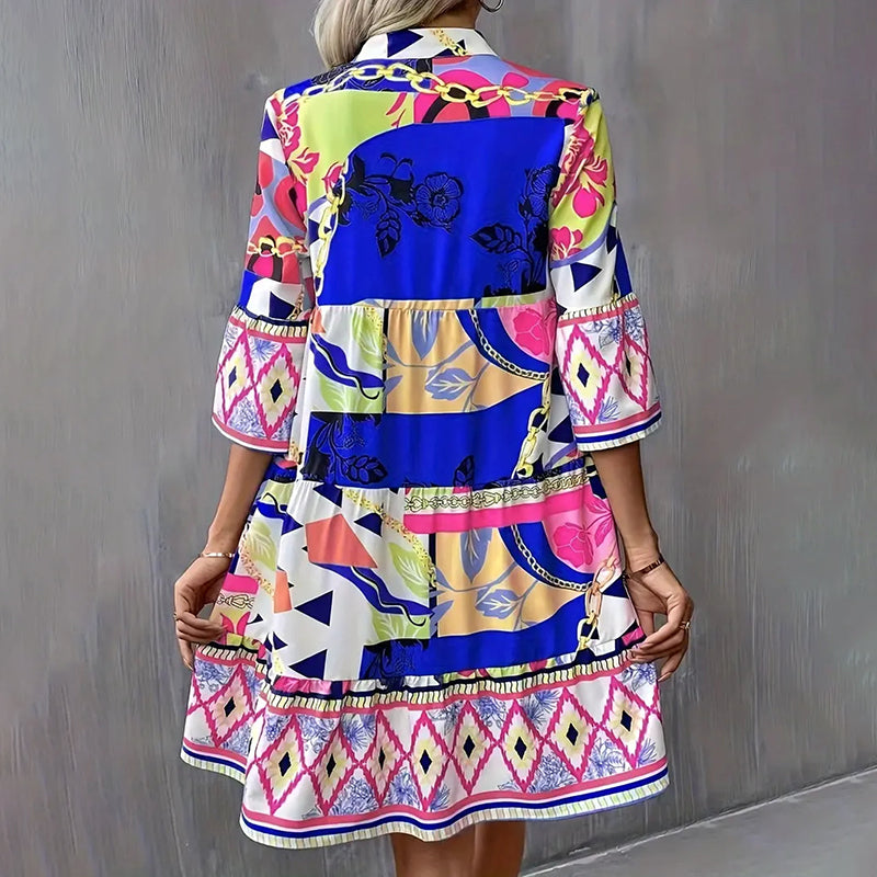 V-Neck Printed Flared Sleeve Pleated Mini Dress