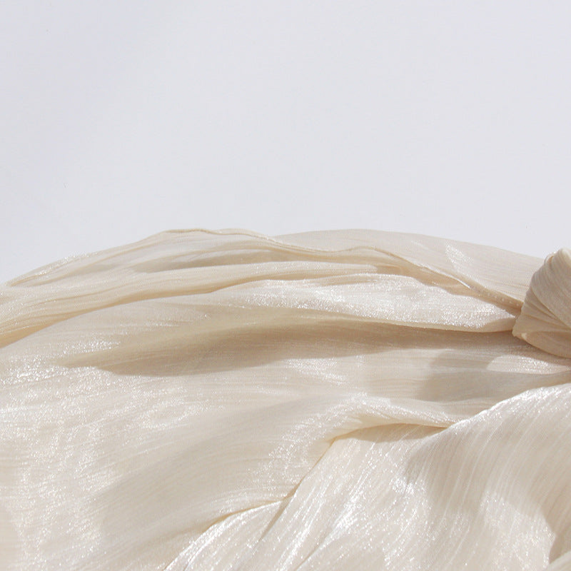 Apricot Cream Satin Cold-Shoulder High-Halter Billowy Sleeve Ruffled-Cuff Asymmetric Blouse