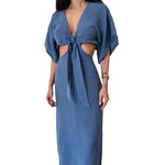 Slim Fit Midriff Outfit V-neck Maxi Dress - blue