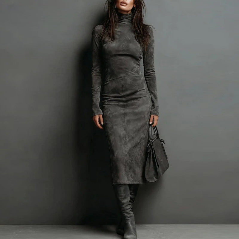 High Neck Long Sleeve Midi Dress - dark grey