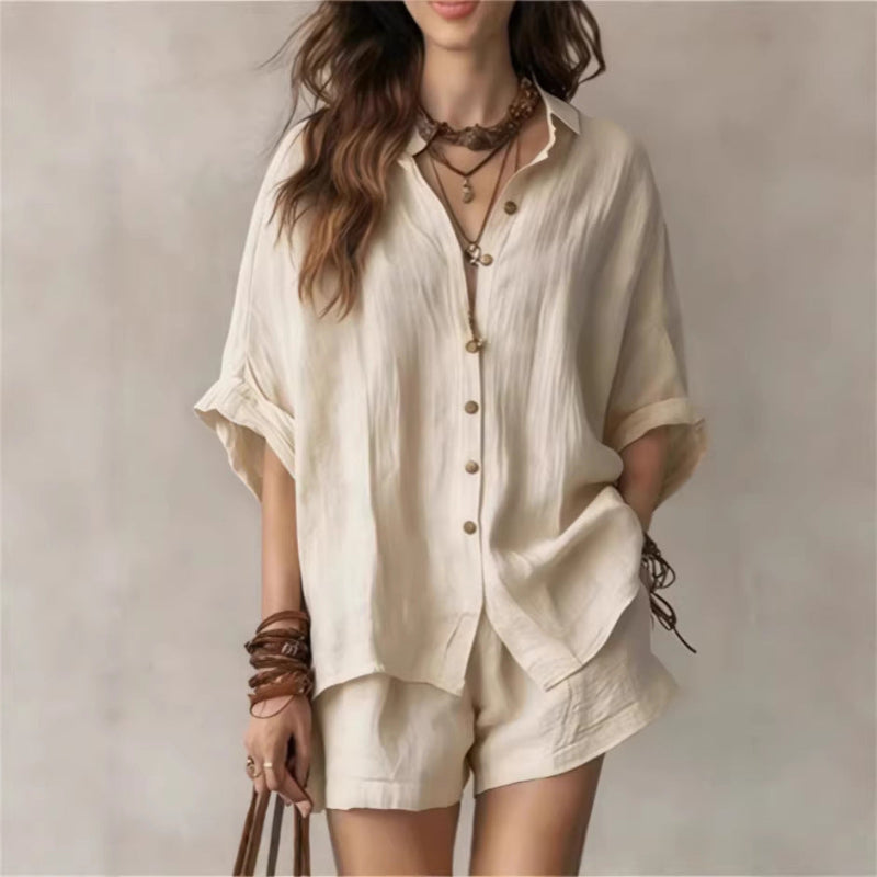 Single-Breasted Short-Sleeved Shirt Wide-Leg Shorts - khaki